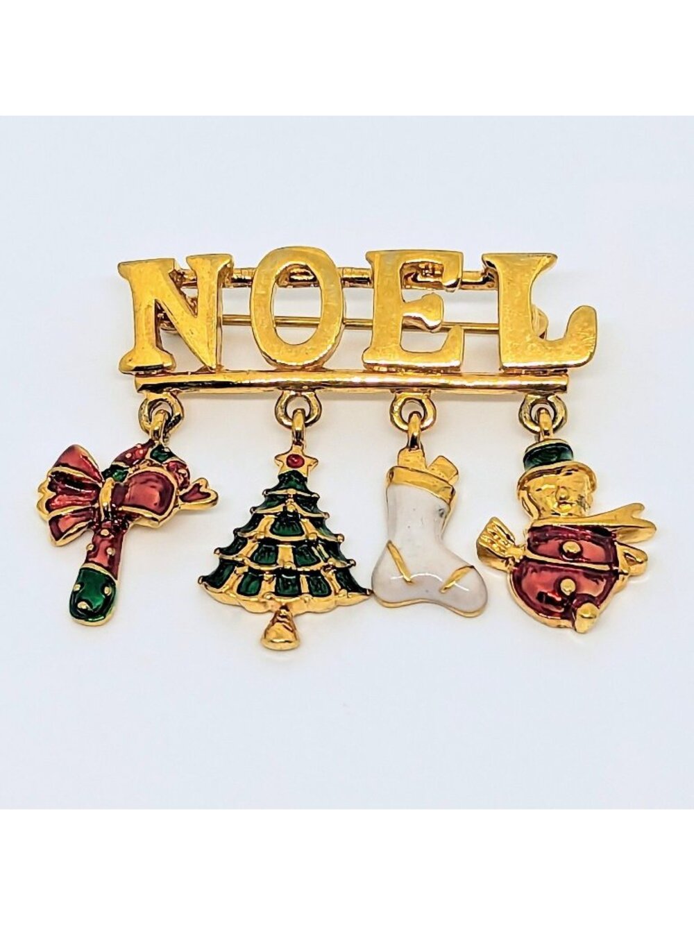 Vintage Gold-Tone Noel Brooch With Christmas Charms Snowman Tree Stocking & Bow